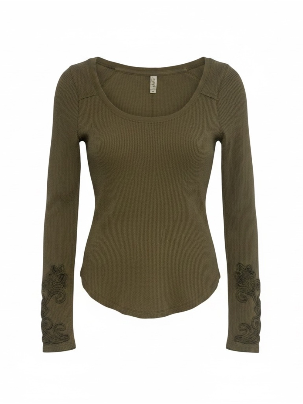 Free People Olive Green Scoop Neck Thermal Long Sleeve Top
